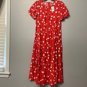 NWT J. Crew Red Floral puff-sleeve tiered midi dress size medium